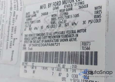 2010 Ford Ranger Xl/Xlt from USA, damaged, VIN 1FTKR1ED0APA66721